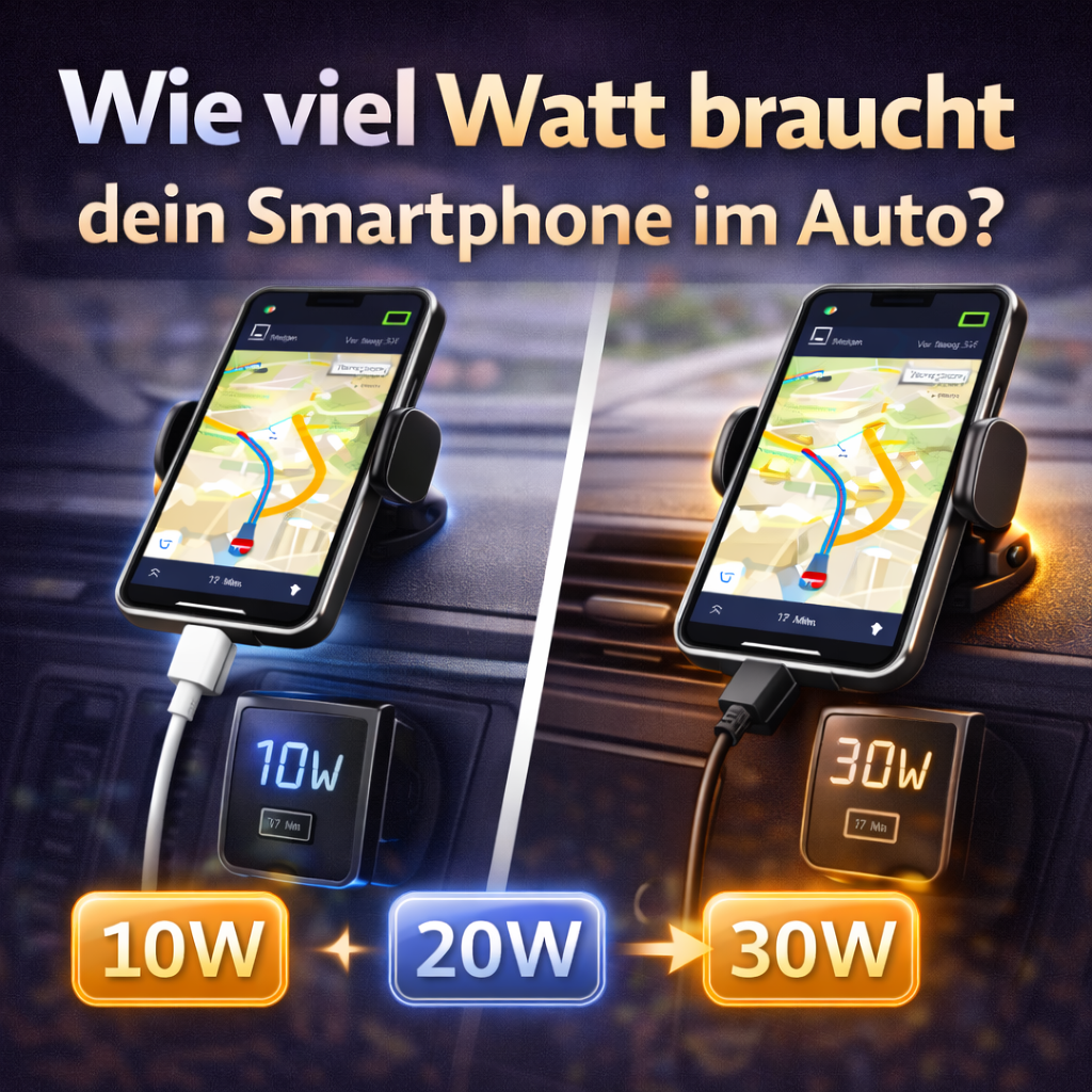 Vergleich von 10W und 30W Autoladegerät beim Laden eines Smartphones während der Navigation im Auto