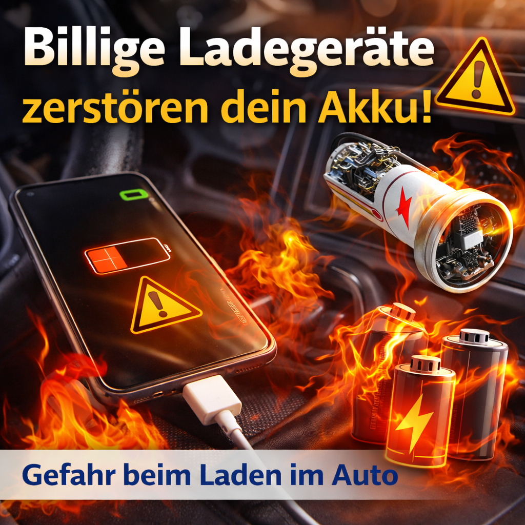 Smartphone wird im Auto mit einem minderwertigen Ladegerät geladen und zeigt Warnsymbol für Akkuschaden
