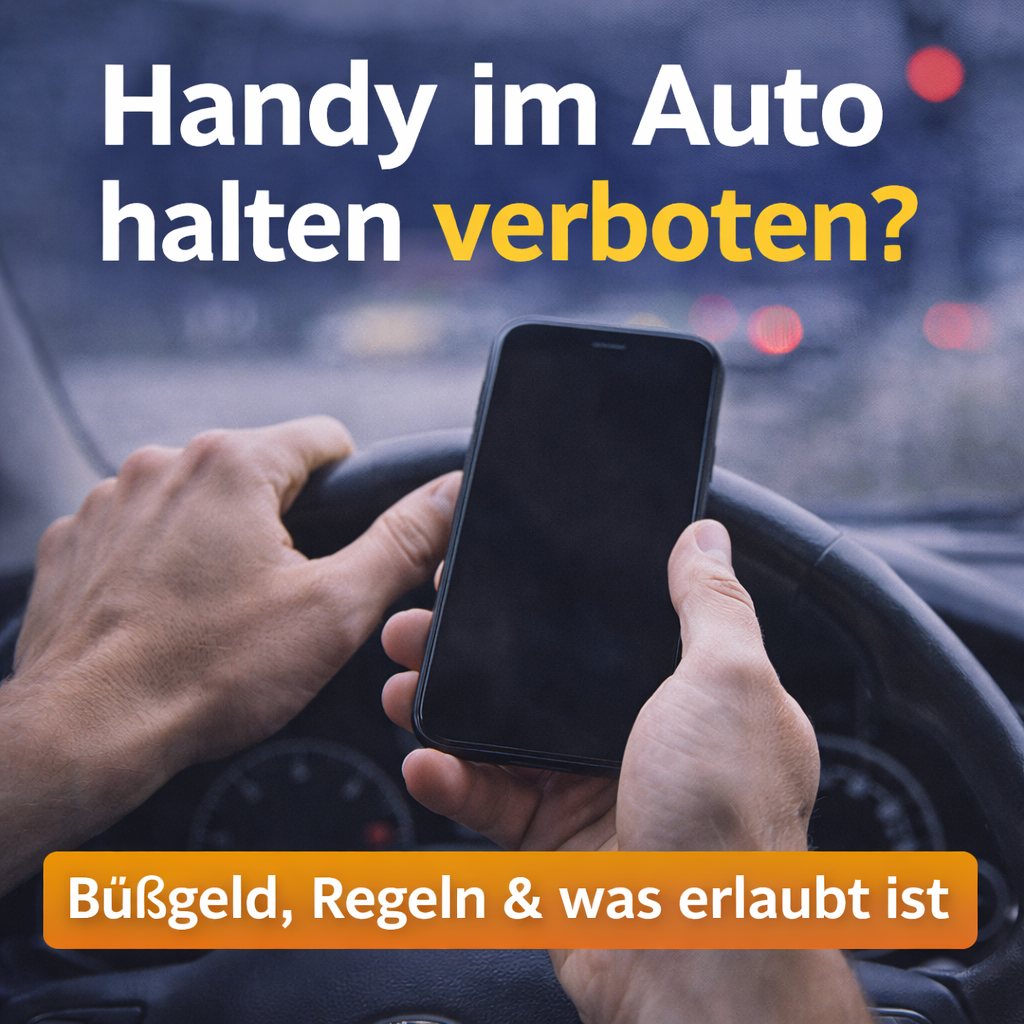 Autofahrer hält während der Fahrt ein Smartphone am Lenkrad – Nutzung des Handys im Auto ist gesetzlich verboten