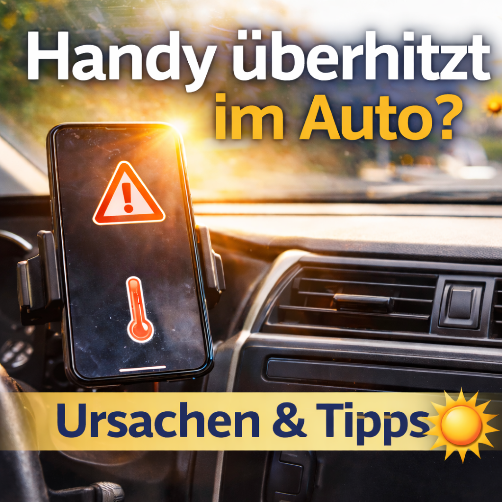 Smartphone in einer Halterung auf dem Armaturenbrett wird durch starke Sonneneinstrahlung im Auto sehr heiß