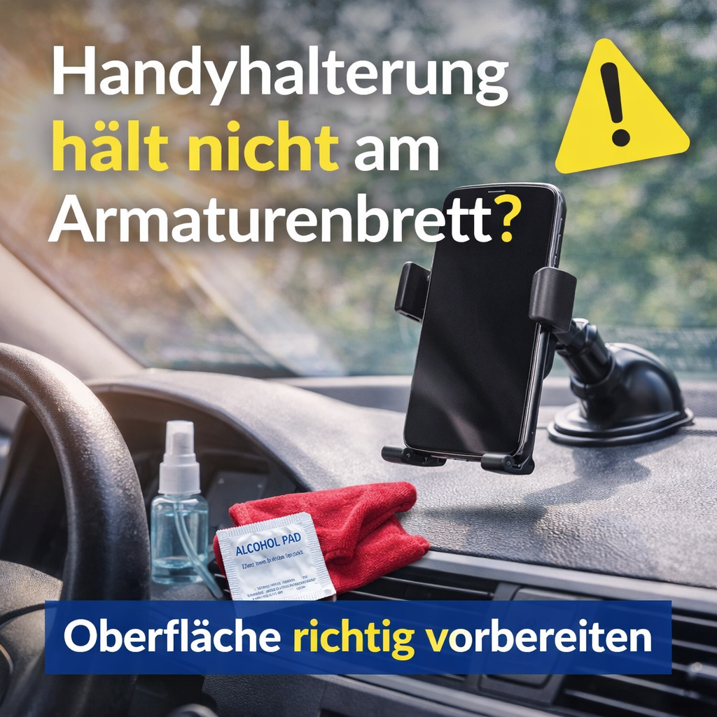 Smartphone in einer Handyhalterung auf dem Armaturenbrett mit Reinigungsmitteln zur richtigen Vorbereitung der Oberfläche
