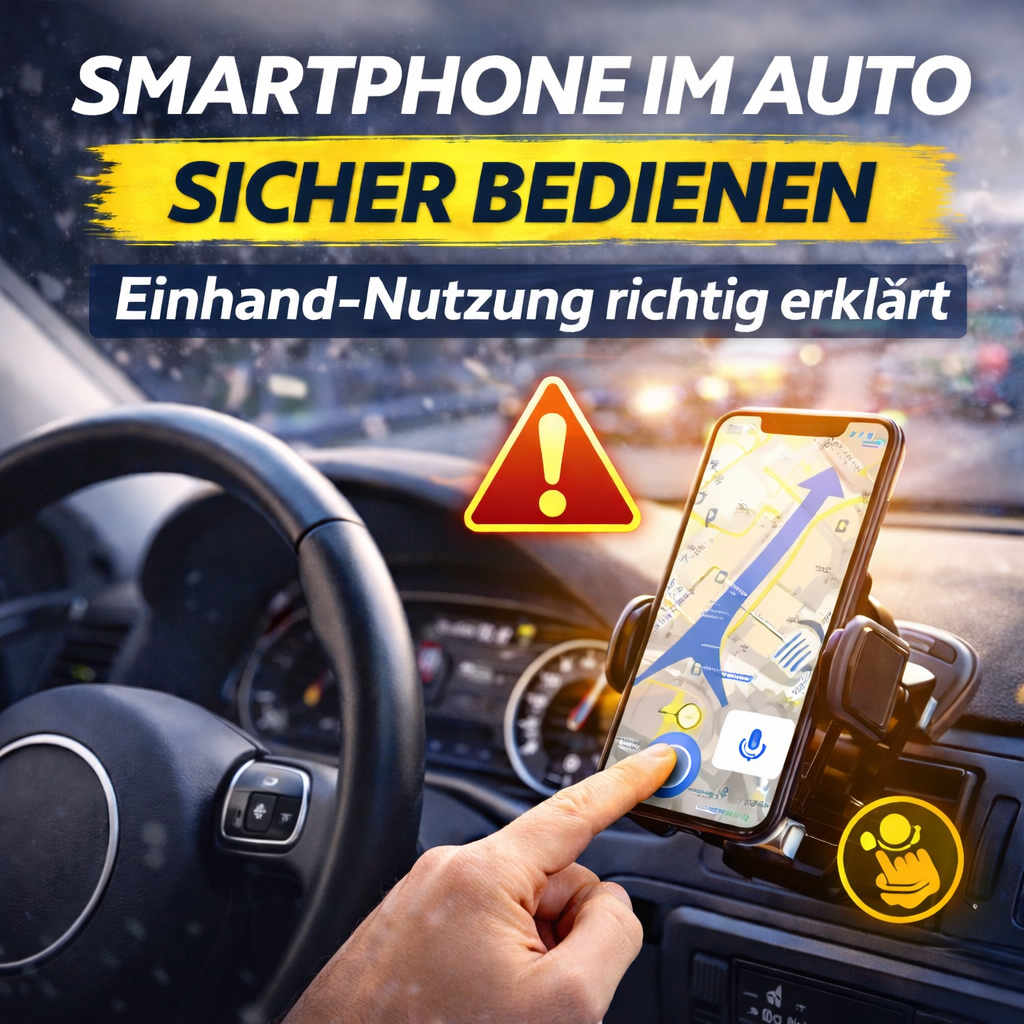 Smartphone in Halterung im Auto wird kurz mit einer Hand bedient während Navigation aktiv ist