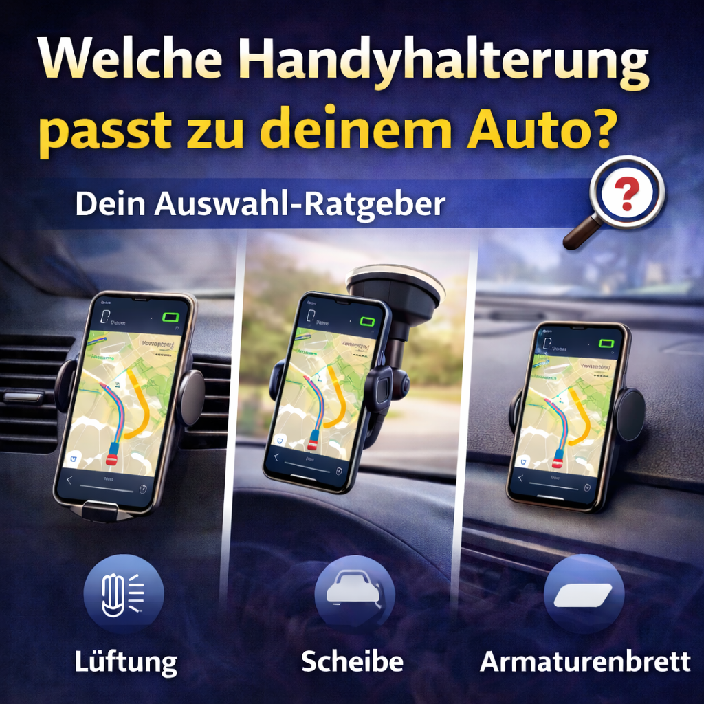Vergleich verschiedener Handyhalterungen im Auto für Lüftung, Scheibe und Armaturenbrett zur Auswahl der passenden Halterung