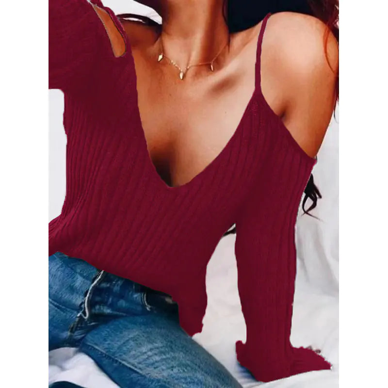Damen Herbst Winter V-Ausschnitt Schulterfreies Oberteil