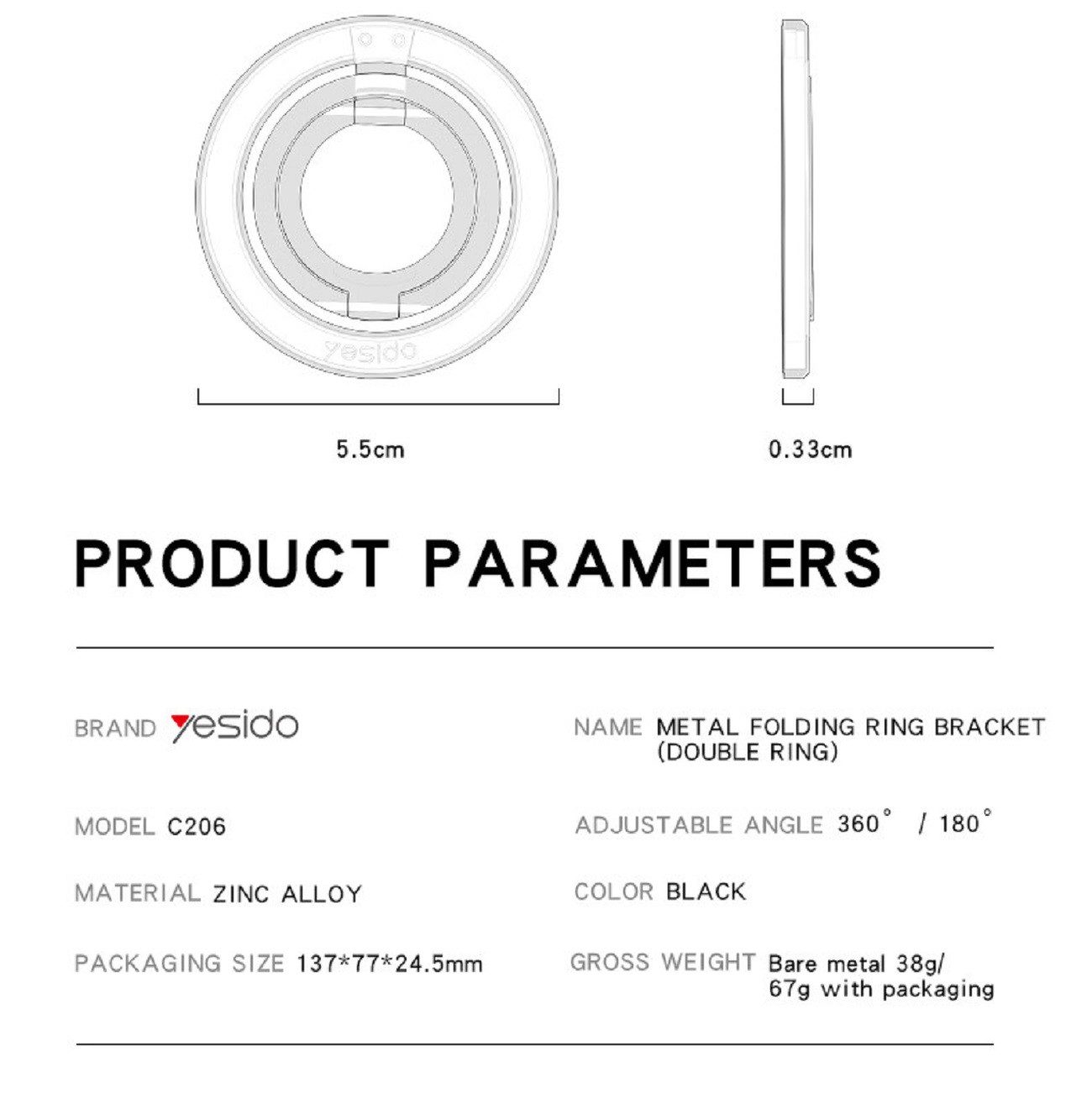 360° drehbare Handy Ring Halterung für Magsafe – Magnetischer Ständer mit Doppelring C206 von YESIDO produkt parameters