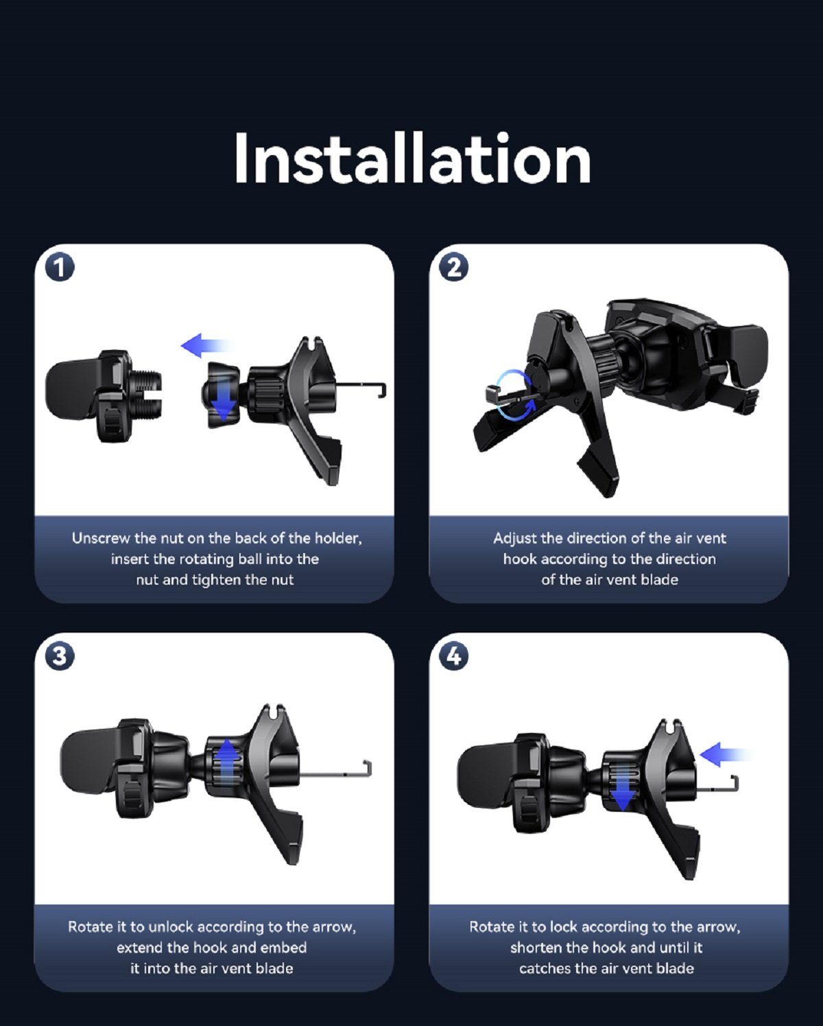 Installation von USAMS US-ZJ077 Mini Car Phone Holder (Air Vent) – Handyhalterung Lüftungsgitter, 360° Rotation, für 4,7–6,9 Zoll Smartphones