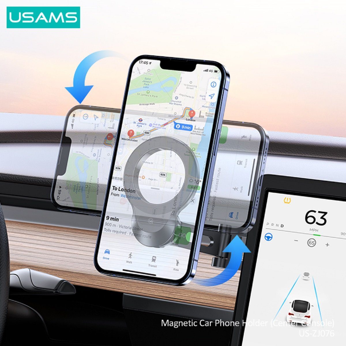 US-ZJ076 Magnetische Auto Handyhalterung – 360° drehbar & ausziehbar – Smartphone Halter für Armaturenbrett / Mittelkonsoleb