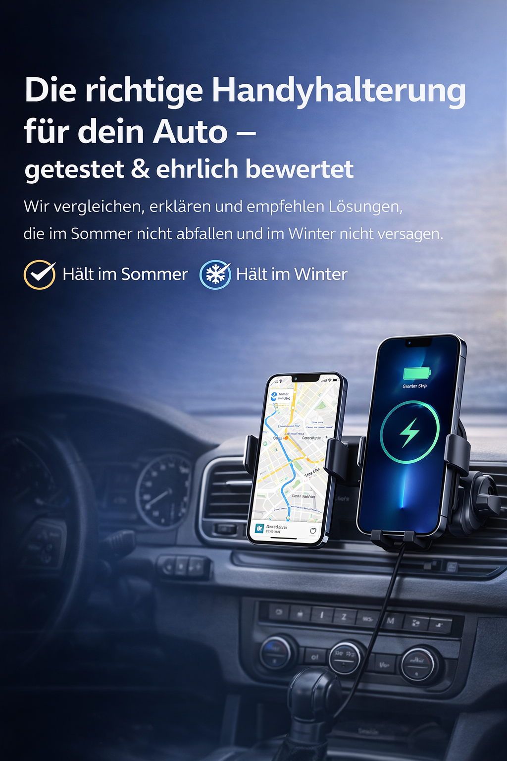 Smartphone Halterung im Auto mit Navigation und Ladefunktion, getestet für Sommer und Winter