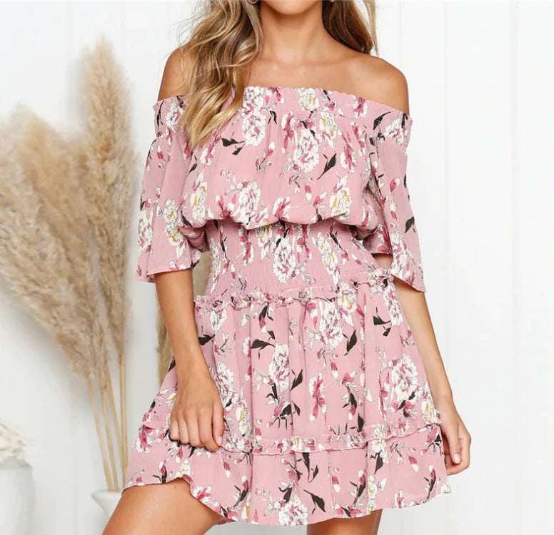 Schulterfreies Chiffon-Print-Kleid